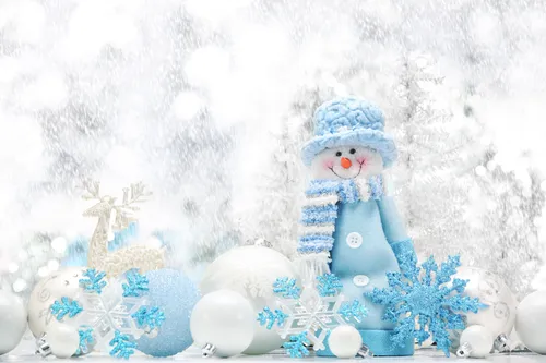 снеговик, снежинка, новый год, снег, белые, голубые