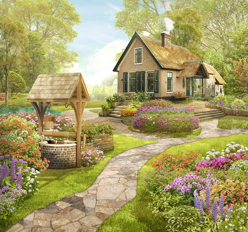 сад, колодец, тропинка, дорожка, дом, лавка, озеро, пруд, цветы, зелень, растительность, зеленые